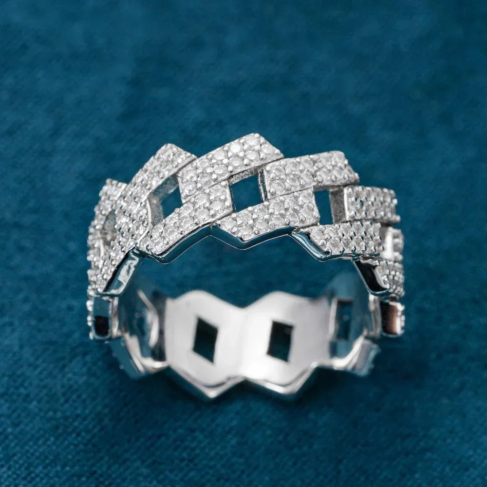 Full Moissanite Diamond Cuban Rings for Men Women 100% 925 Sterling Silver Hip Hop Double Row Eternity Band Ring - DripVault