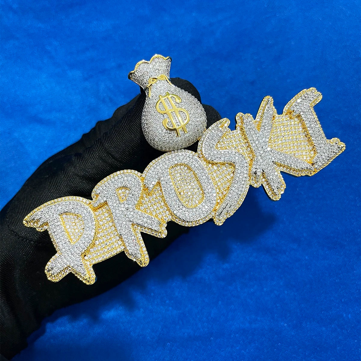 Custom Name Necklace Solid Base Iced Out Personalized Pendants Money Bag Bail  Real Gold Plated Hip Hop - DripVault