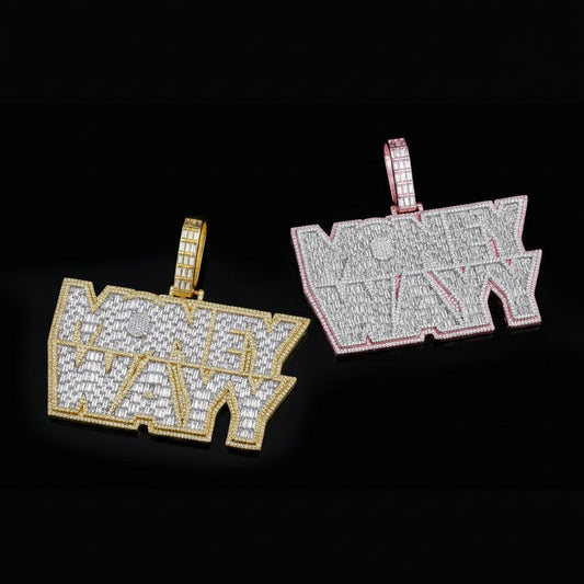 Bubble Letter Iced Out Money Wayy Necklace Pendant for Men Prong Setting Real Gold Plated Hip Hop Jewelry - DripVault