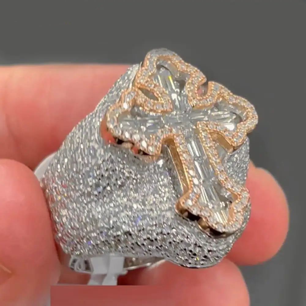Two Tone Color Cross Finger Ring Iced Out Bling 5A Cubic Zircon Prong Setting Fashion Luxulry Men Hip Hop Finger Jewelry - DripVault