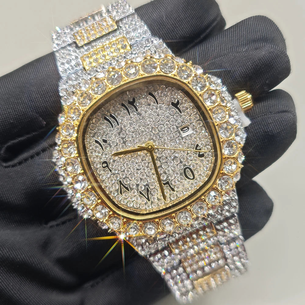 Luxury Brand Men Quartz Watch Fashion Square Hip Hop Big Pointer Diamond Out Sparkling Jewelry Waterproof Stainless Steel Wristwatch Man New - DripVault