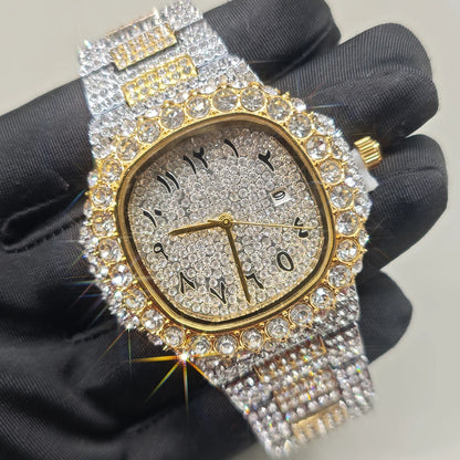 Luxury Brand Men Quartz Watch Fashion Square Hip Hop Big Pointer Diamond Out Sparkling Jewelry Waterproof Stainless Steel Wristwatch Man New - DripVault