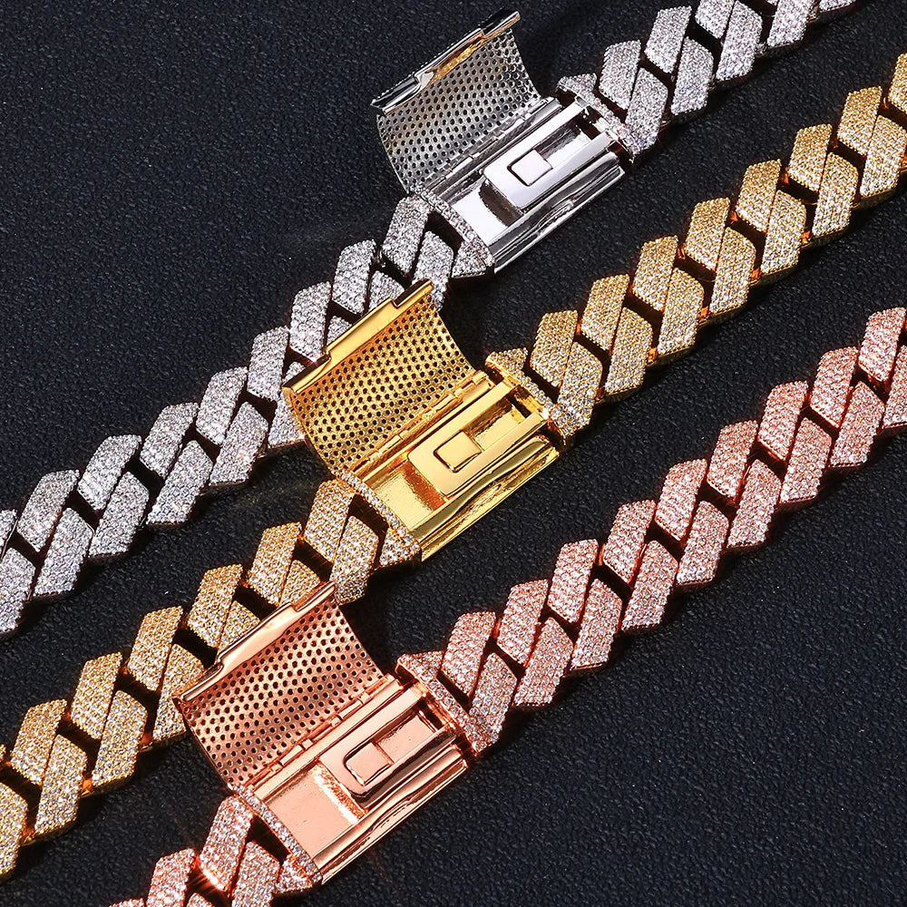 Full Diamond Cuban Necklace Hip Hop Jewelry Cube Zirconia Sparkling Diamond 15mm Brass Plated Rose Gold Jewelry - DripVault