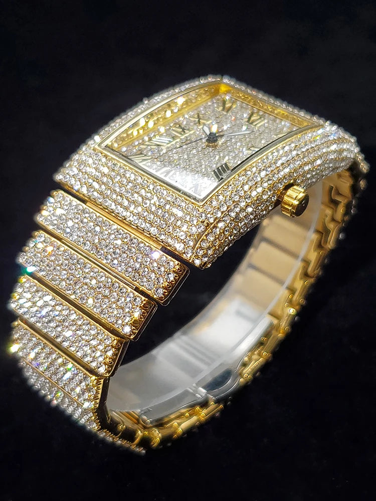 Gold Men's Watches Rectangle Dial Luxury Diamond Fashion Big Wristwatches Luminous Point Iced Quartz Watch For Men - DripVault