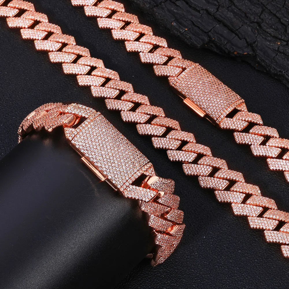 Full Diamond Cuban Necklace Hip Hop Jewelry Cube Zirconia Sparkling Diamond 15mm Brass Plated Rose Gold Jewelry - DripVault