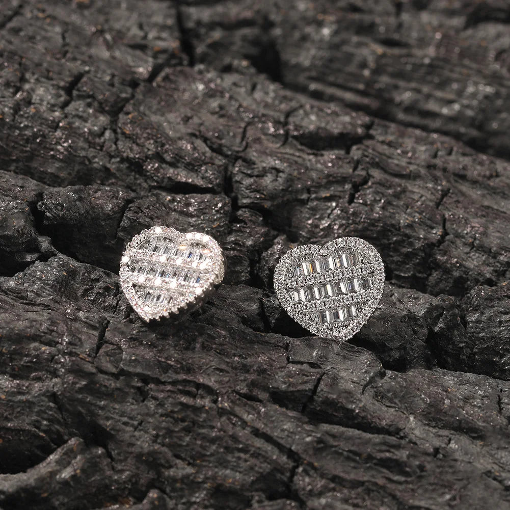 Heart Shaped Screw Back Stud Earring Iced Out Baguette Cubic Zirconia Men Women Hiphop Jewelry Best Gift - DripVault
