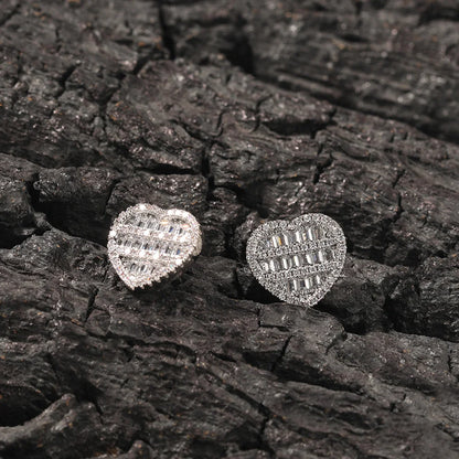 Heart Shaped Screw Back Stud Earring Iced Out Baguette Cubic Zirconia Men Women Hiphop Jewelry Best Gift - DripVault