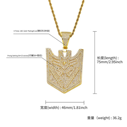 Iced Out Transformers Autobots Robot Shield Pendant Necklace Gold-Plated CZ Twist Chain