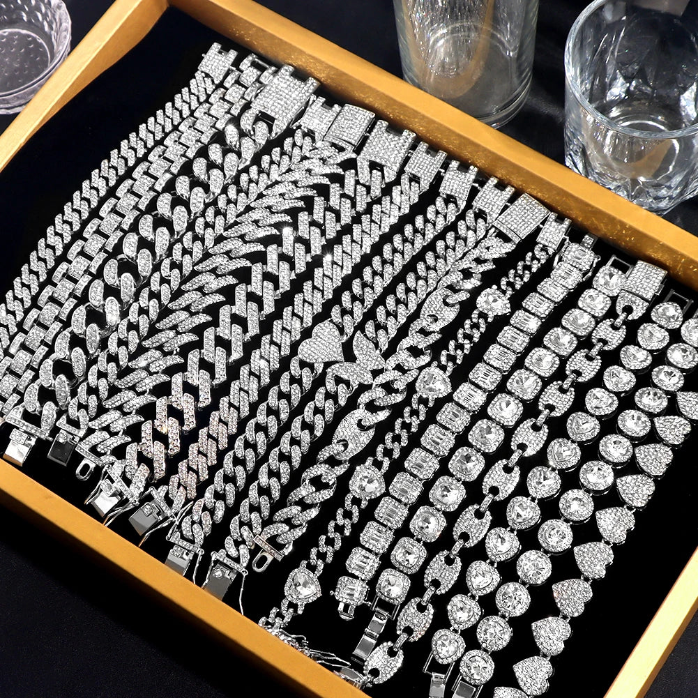 Hip Hop Iced Out Chain Women Men Cuban Bracelet High-Quality Full AAAA+ Rhinestones Miami Cuban Link Chain Bracelets Jewelry - DripVault