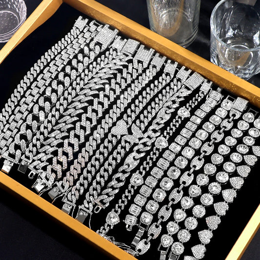 Hip Hop Iced Out Chain Women Men Cuban Bracelet High-Quality Full AAAA+ Rhinestones Miami Cuban Link Chain Bracelets Jewelry - DripVault