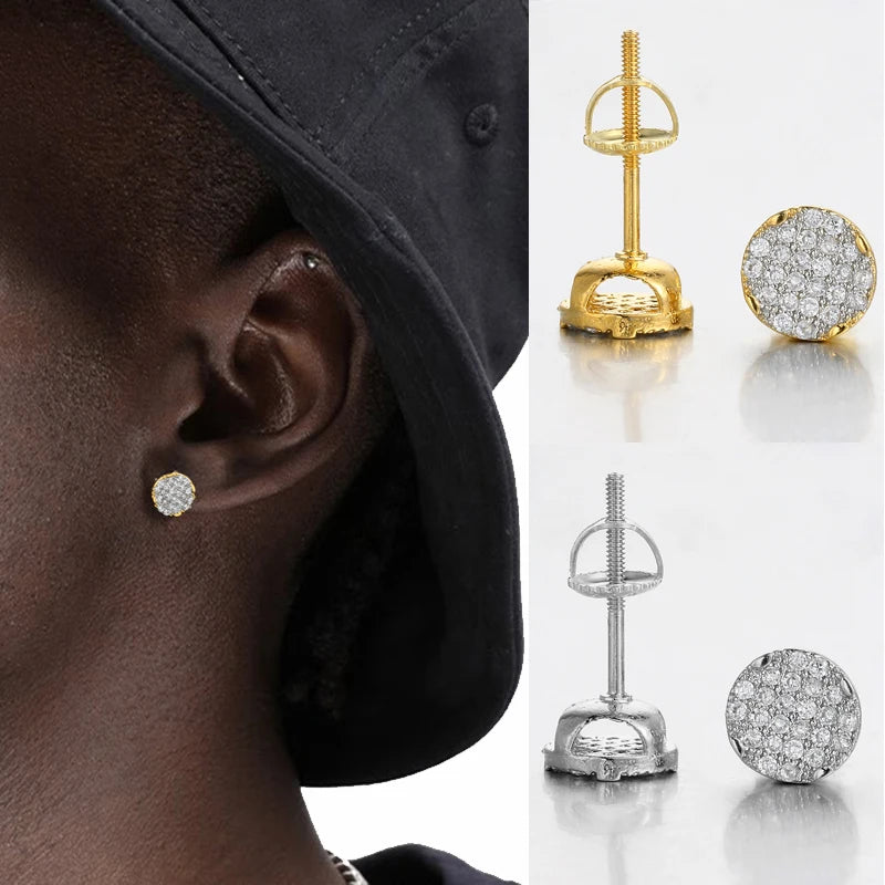 Gold Color Micro Inlaid Zircon 7mm Screw-back Stud Earrings For Women Men Simple Round Ear Piercing Jewelry - DripVault