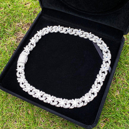 Iced Out Flower Necklace Cuban Link Chain for Women Prong Setting Cubic Zirconia Hip Hop Jewelry - DripVault