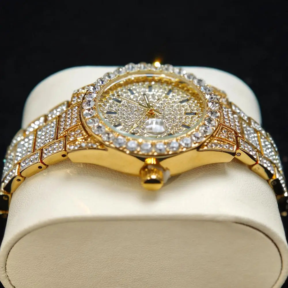 Hot Fashion Gold Watches Women Luxury Stainless Steel Elegant Iced Diamond Jewelry Quartz Wristwatch Ladies - DripVault