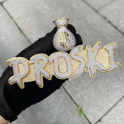 Custom Name Necklace Solid Base Iced Out Personalized Pendants Money Bag Bail  Real Gold Plated Hip Hop - DripVault