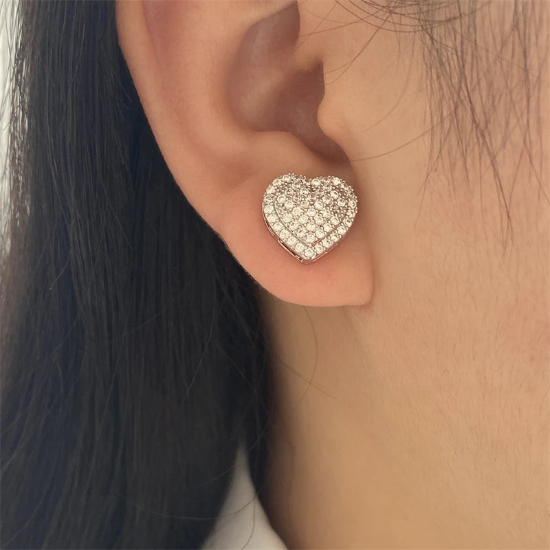 Loving Heart Zirconia Stud Earrings For Women Girls Silver Color Metal Crystal Ears Accessories Wedding Jewelry Gifts - DripVault