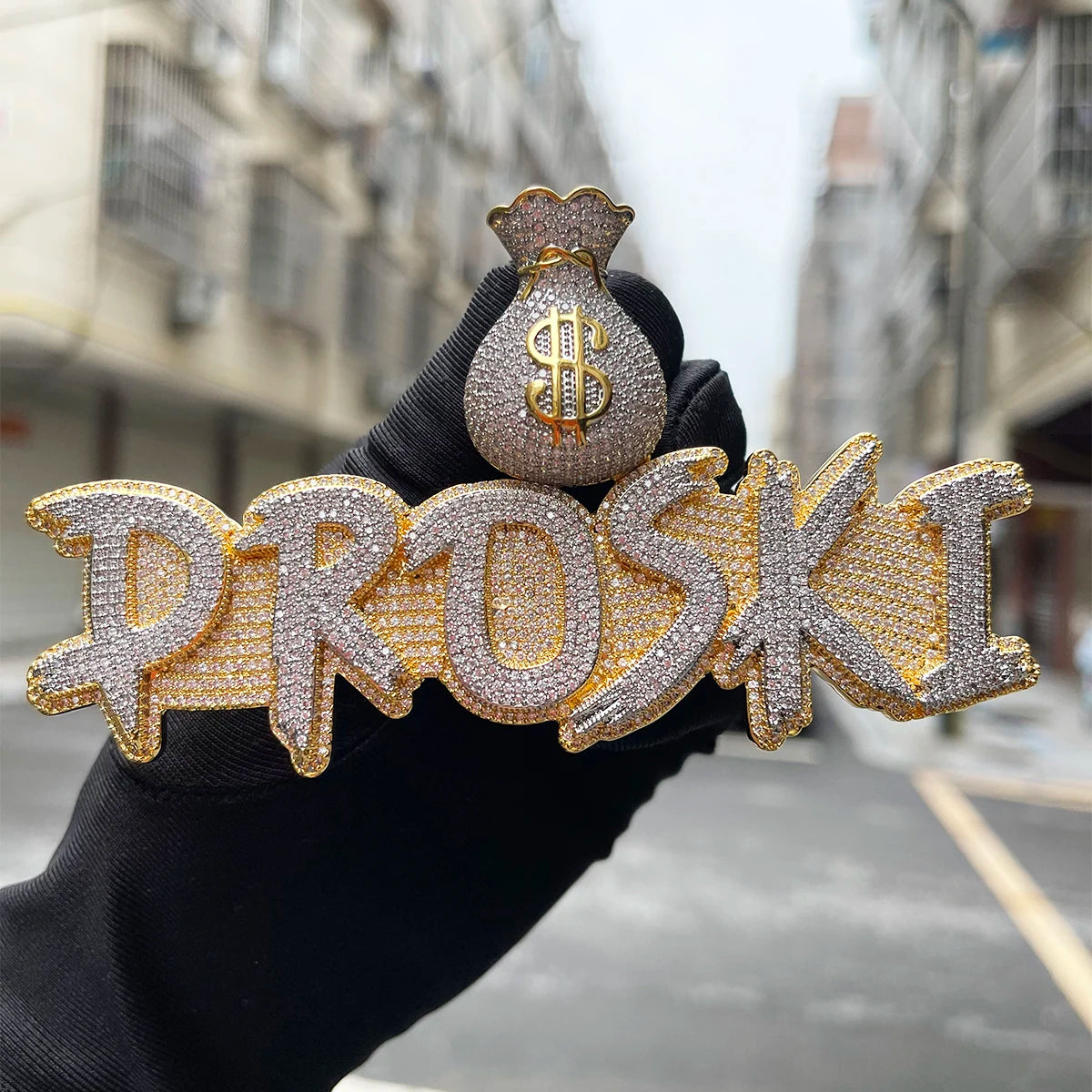 Custom Name Necklace Solid Base Iced Out Personalized Pendants Money Bag Bail  Real Gold Plated Hip Hop - DripVault