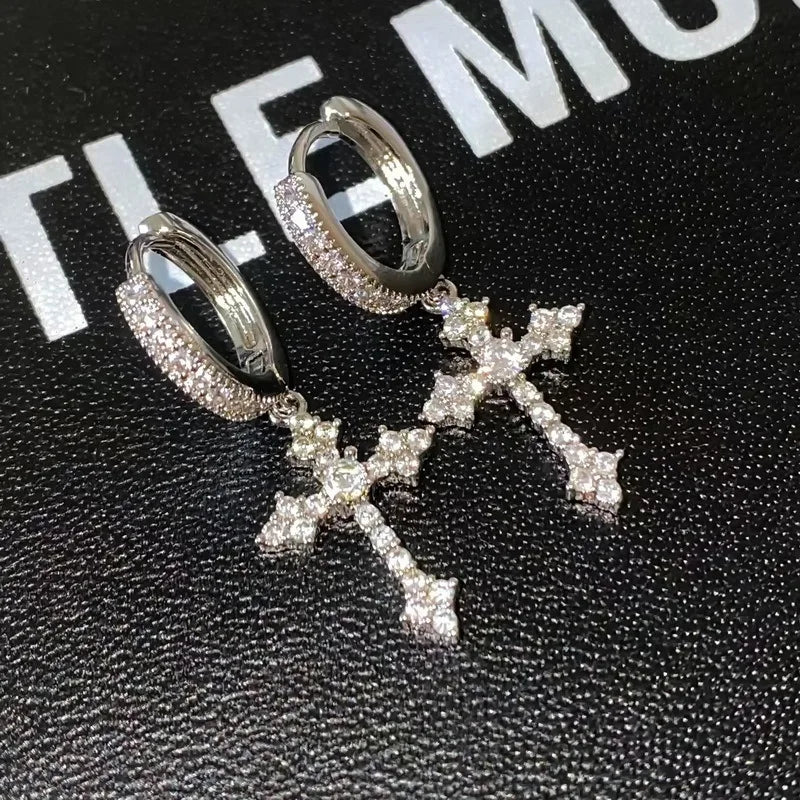 2Pcs Men's Punk Cross Earrings for Women Men Classic Shiny Rhinestone Ear Buckle Earring Fashion Hiphop Party Jewelry - DripVault