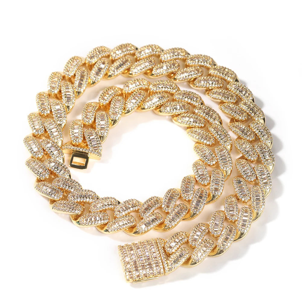 15mm Baguette Cuabn Chain Prong Setting 2 Colors Miami Choker Iced Out Chain Bling CZ Necklace Hiphop Jewelry - DripVault