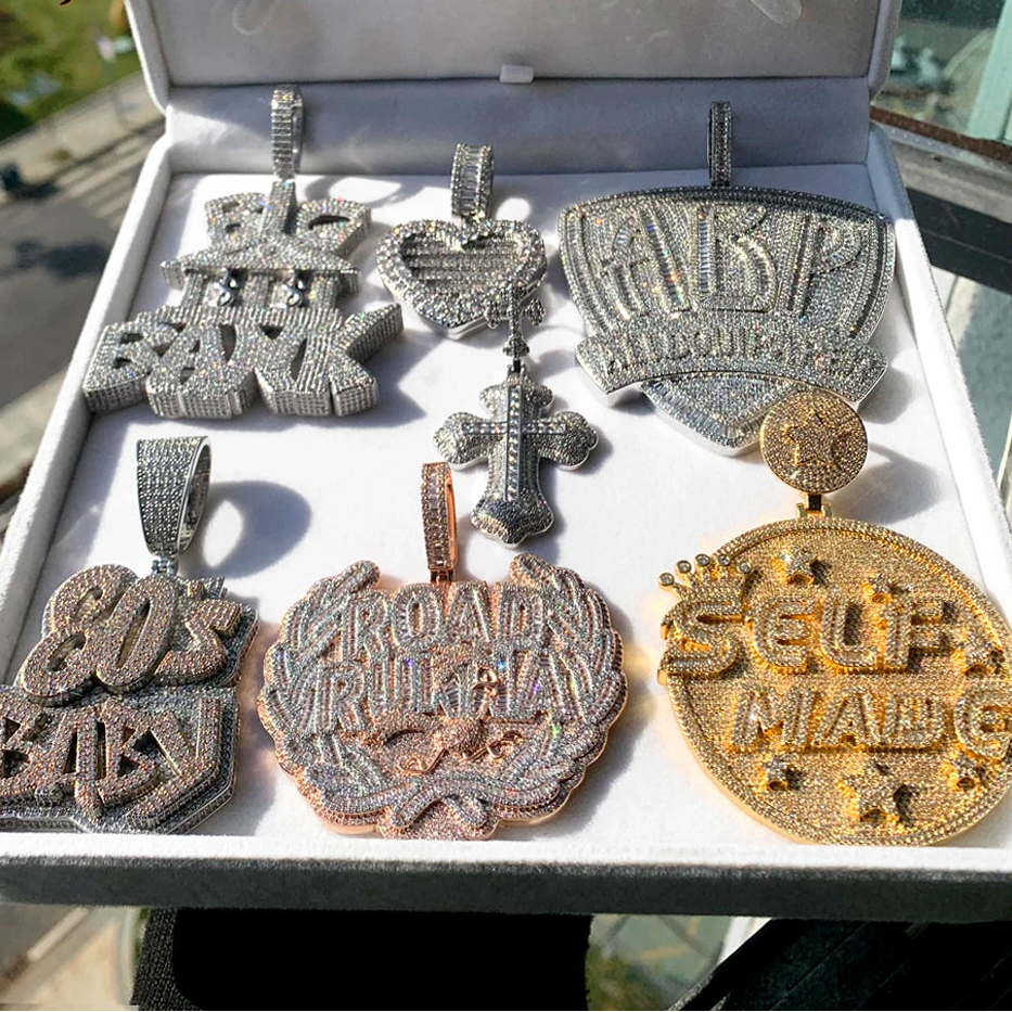 Iced Out Bling Two Tone Color CZ Letters Pendant Necklace Cubic Zirconia Various Design Badge Men Women Fashion Hip Hop Jewelry - DripVault