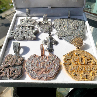 Iced Out Bling Two Tone Color CZ Letters Pendant Necklace Cubic Zirconia Various Design Badge Men Women Fashion Hip Hop Jewelry - DripVault