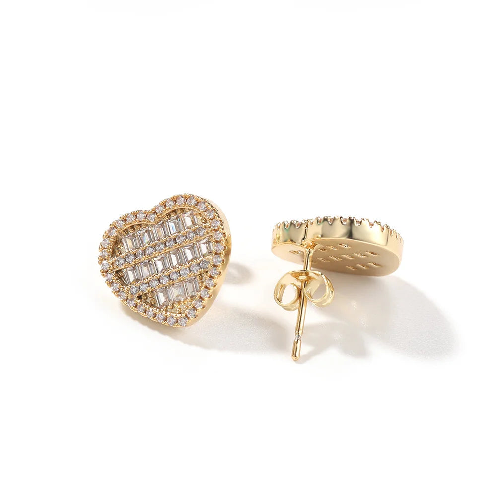 Heart Shaped Screw Back Stud Earring Iced Out Baguette Cubic Zirconia Men Women Hiphop Jewelry Best Gift - DripVault