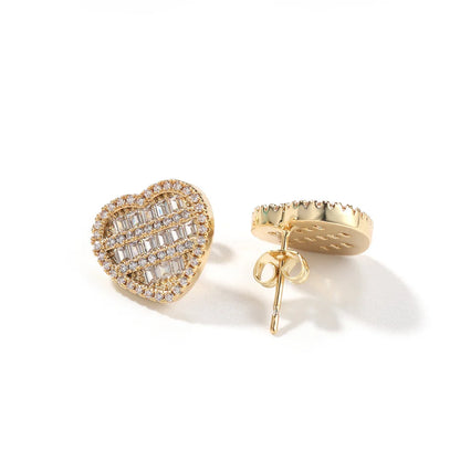 Heart Shaped Screw Back Stud Earring Iced Out Baguette Cubic Zirconia Men Women Hiphop Jewelry Best Gift - DripVault