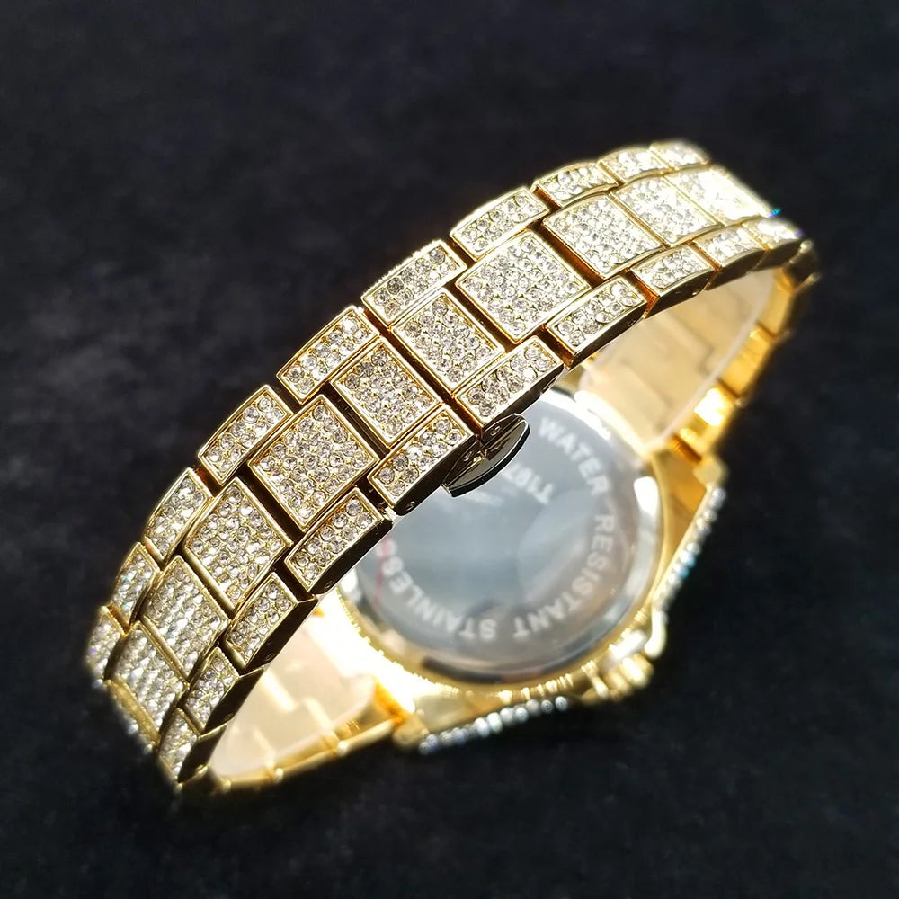 Full Diamond Watches for Men Luxury Fashion Silver Iced Out Quartz Wristwatch Hip Hop Street Style Bling Watch Man - DripVault