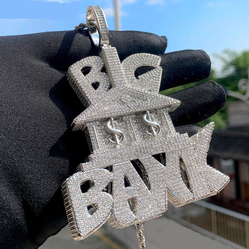 Iced Out Letter Heavy Chunk Big Pendant Necklace Bling CZ Cubic Zirconia Self Made Badge Charm Men Fashion Hip Hop Jewelry - DripVault
