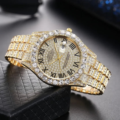 Diamond Bling Watch Men Gold Color Luxury Gift Quartz Watches Male Clock Rhinestone Calendar Wristwatch - DripVault