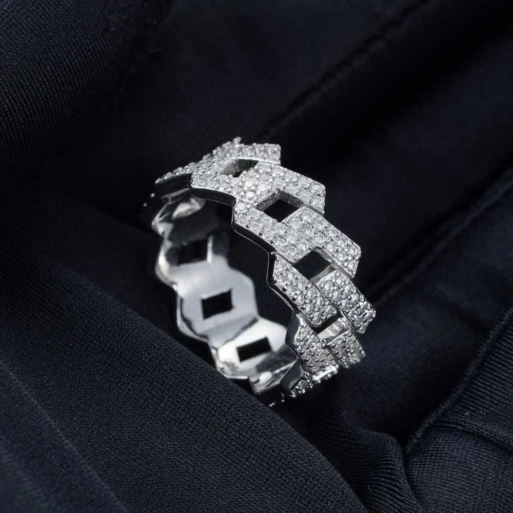 Full Moissanite Diamond Cuban Rings for Men Women 100% 925 Sterling Silver Hip Hop Double Row Eternity Band Ring - DripVault