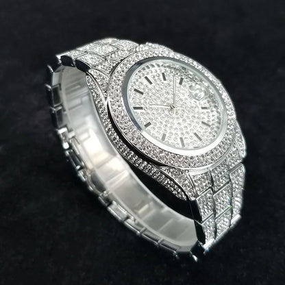 Full Diamond Watches for Men Luxury Fashion Silver Iced Out Quartz Wristwatch Hip Hop Street Style Bling Watch Man - DripVault