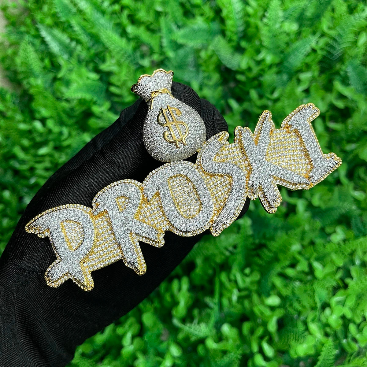 Custom Name Necklace Solid Base Iced Out Personalized Pendants Money Bag Bail  Real Gold Plated Hip Hop - DripVault