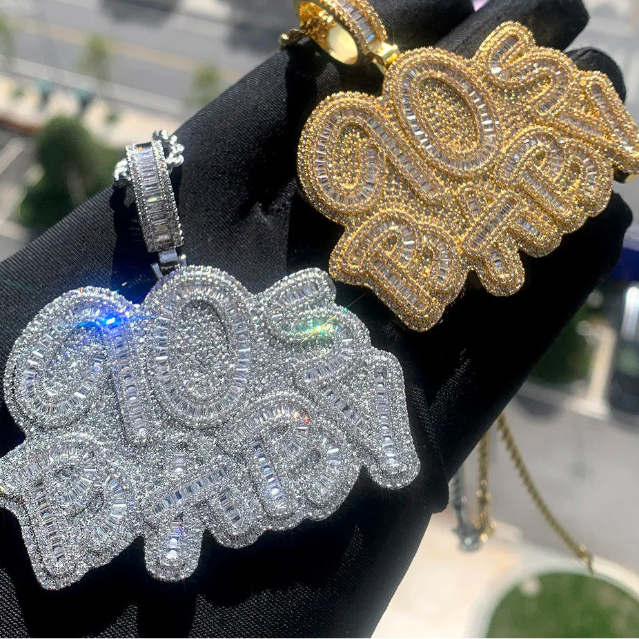 Iced Out Letter 90s Baby Prong Necklace Pendant for Men Silver Color Bling Cubic Zirconia Charm Hip Hop Jewelry - DripVault