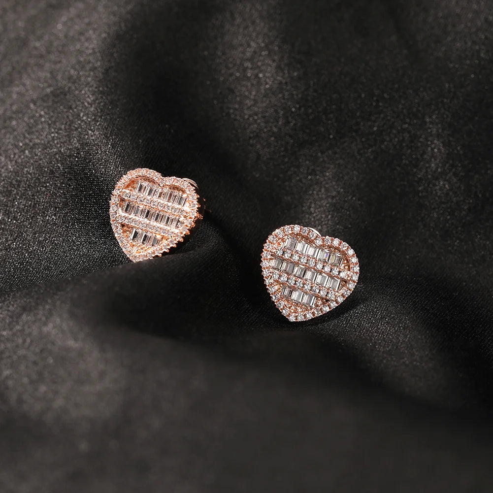 Heart Shaped Screw Back Stud Earring Iced Out Baguette Cubic Zirconia Men Women Hiphop Jewelry Best Gift - DripVault