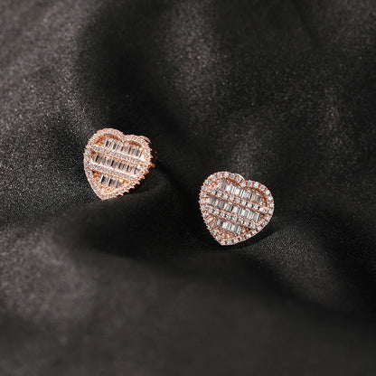 Heart Shaped Screw Back Stud Earring Iced Out Baguette Cubic Zirconia Men Women Hiphop Jewelry Best Gift - DripVault