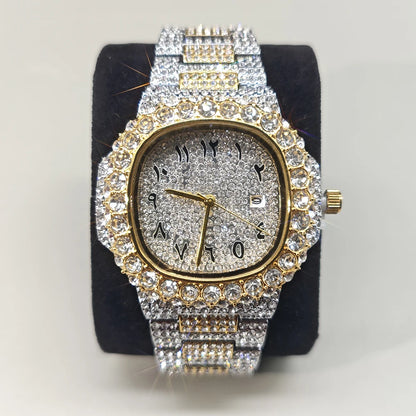 Luxury Brand Men Quartz Watch Fashion Square Hip Hop Big Pointer Diamond Out Sparkling Jewelry Waterproof Stainless Steel Wristwatch Man New - DripVault