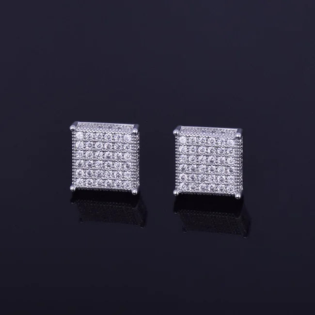 Micro Pave CZ Earring Gold Color Hip hop Jewelry Copper Iced AAA CZ Square Stud Earrings Push-back 12x12mm Street Rock - DripVault