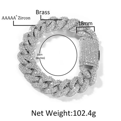 Hip Hop 5A+ CZ Stone Paved Bling Iced Out 18mm Solid Round Cuban Miami Link Chain Bracelets Necklaces for Men Rapper Jewelry - DripVault