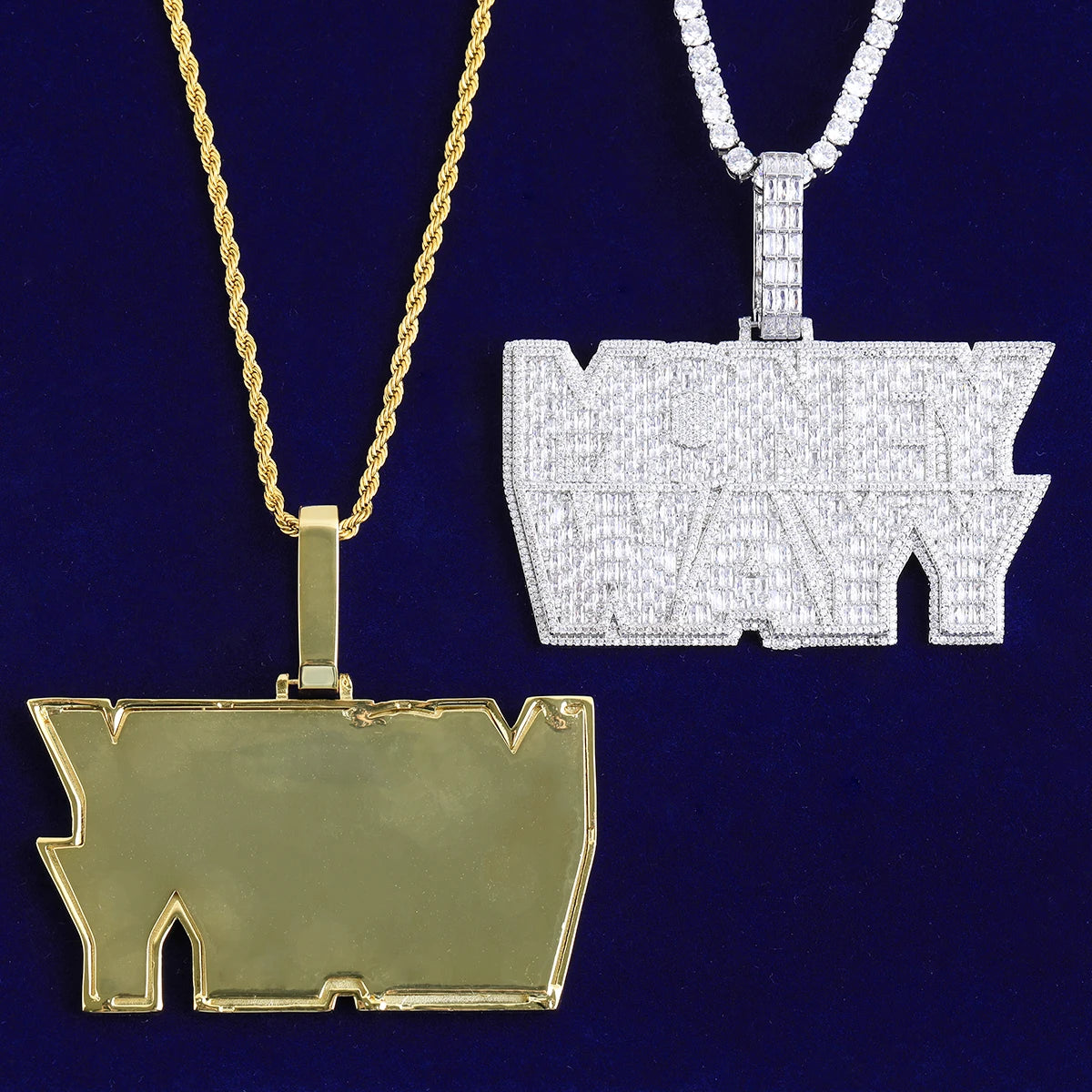 Bubble Letter Iced Out Money Wayy Necklace Pendant for Men Prong Setting Real Gold Plated Hip Hop Jewelry - DripVault