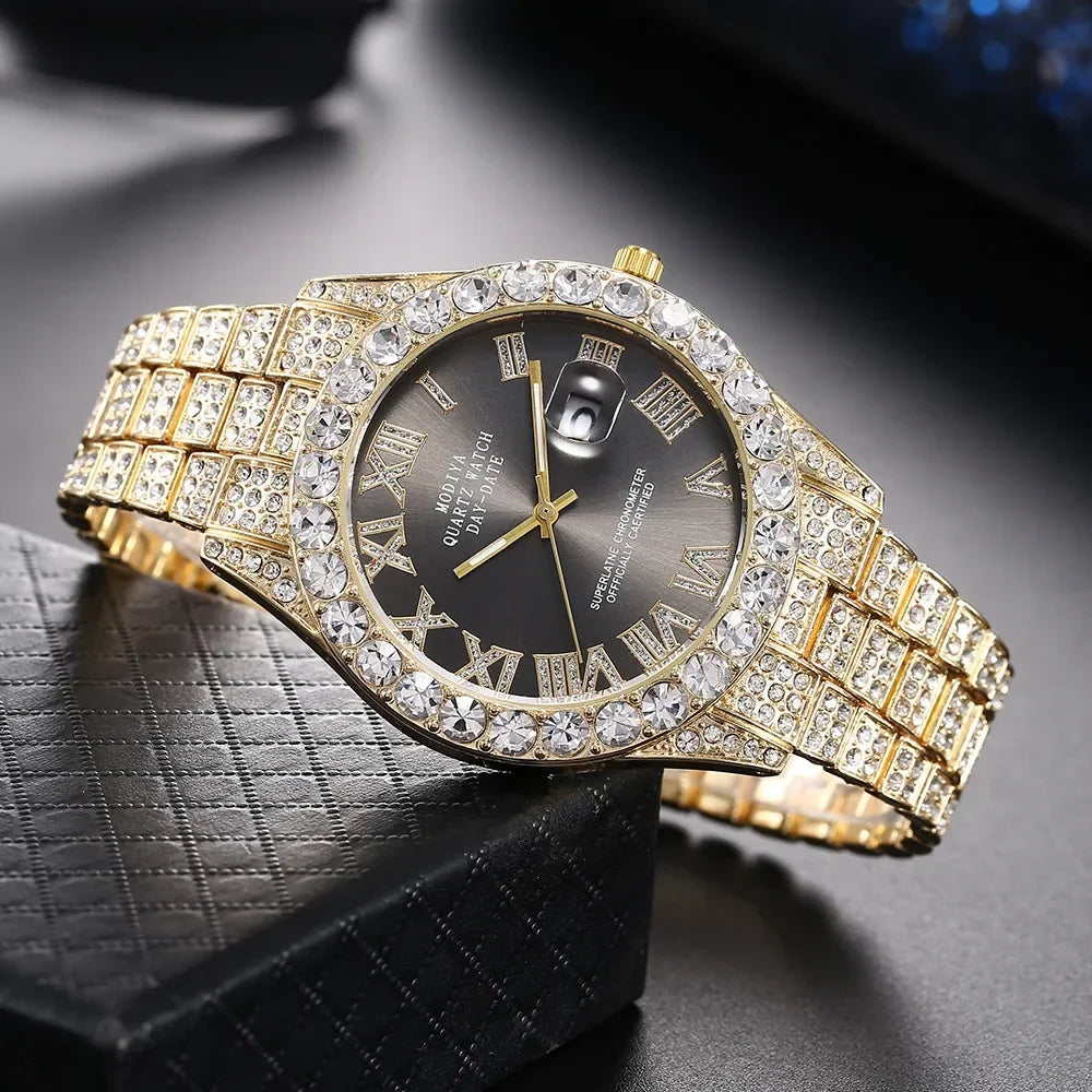 Diamond Bling Watch Men Gold Color Luxury Gift Quartz Watches Male Clock Rhinestone Calendar Wristwatch - DripVault