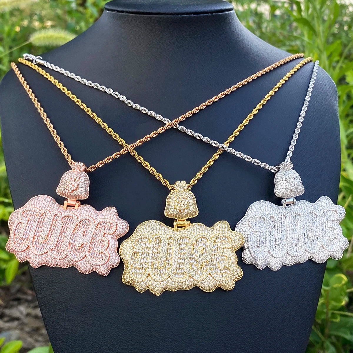 Iced Out Juice Money Bag Bail Necklace Pendant for Men Real Gold Plated AAAAA+ Cubic Zirconia Hip Hop Jewelry - DripVault