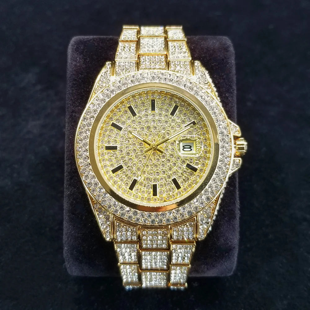 Full Diamond Watches for Men Luxury Fashion Silver Iced Out Quartz Wristwatch Hip Hop Street Style Bling Watch Man - DripVault