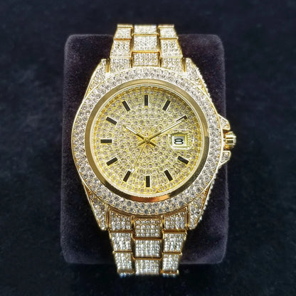 Full Diamond Watches for Men Luxury Fashion Silver Iced Out Quartz Wristwatch Hip Hop Street Style Bling Watch Man - DripVault