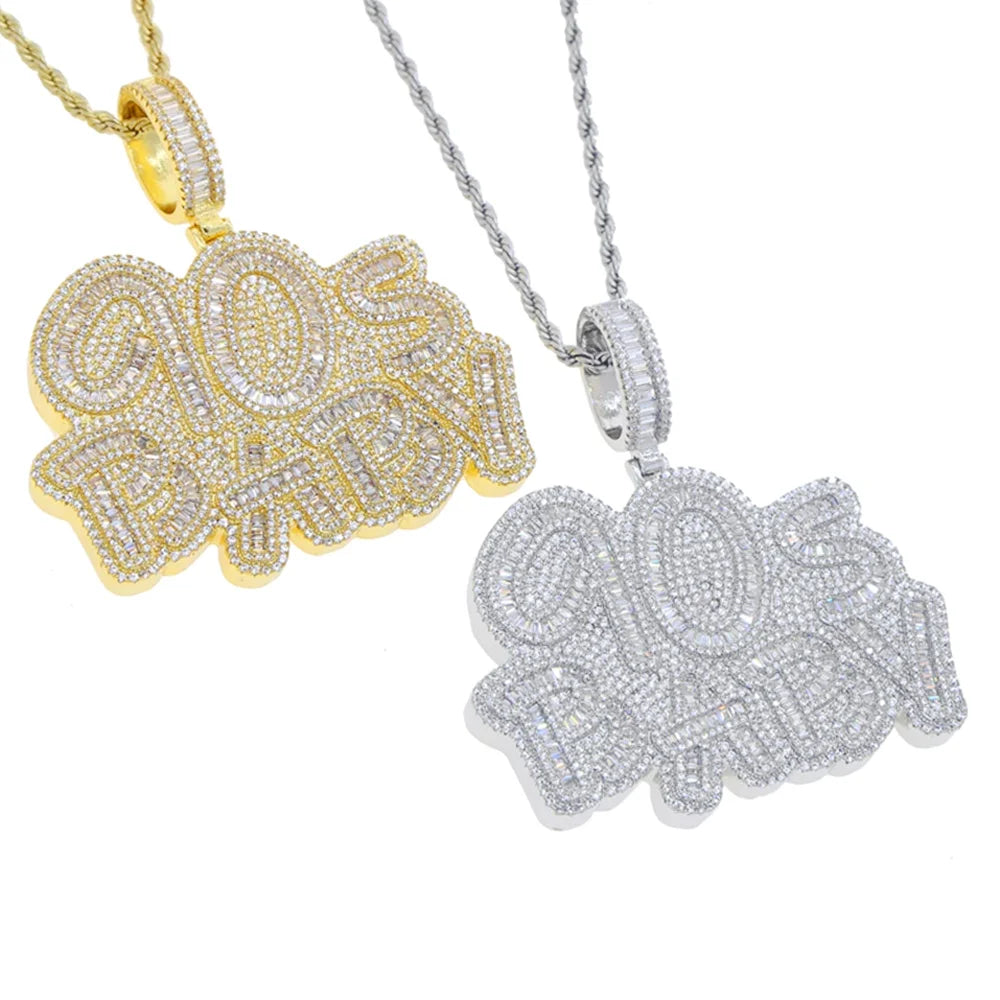 Iced Out Letter 90s Baby Prong Necklace Pendant for Men Silver Color Bling Cubic Zirconia Charm Hip Hop Jewelry - DripVault