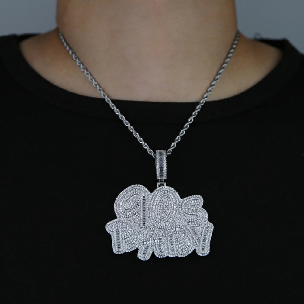 Iced Out Letter 90s Baby Prong Necklace Pendant for Men Silver Color Bling Cubic Zirconia Charm Hip Hop Jewelry - DripVault