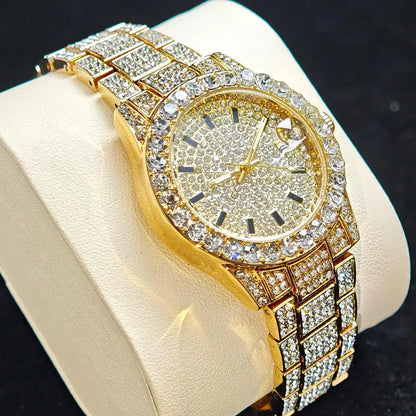 Hot Fashion Gold Watches Women Luxury Stainless Steel Elegant Iced Diamond Jewelry Quartz Wristwatch Ladies - DripVault