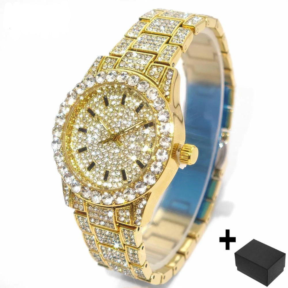 Hot Fashion Gold Watches Women Luxury Stainless Steel Elegant Iced Diamond Jewelry Quartz Wristwatch Ladies - DripVault