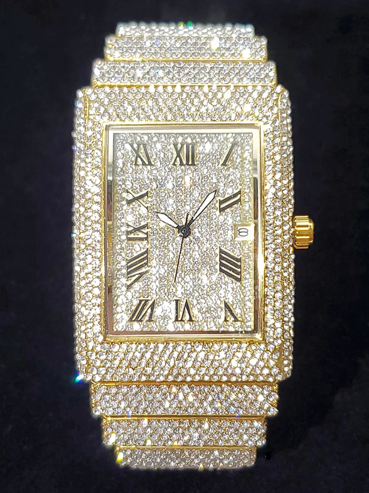 Gold Men's Watches Rectangle Dial Luxury Diamond Fashion Big Wristwatches Luminous Point Iced Quartz Watch For Men - DripVault