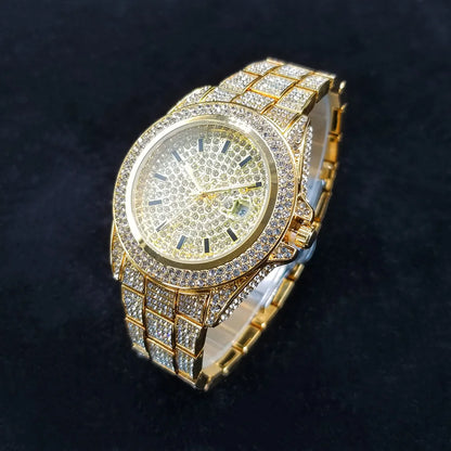 Full Diamond Watches for Men Luxury Fashion Silver Iced Out Quartz Wristwatch Hip Hop Street Style Bling Watch Man - DripVault