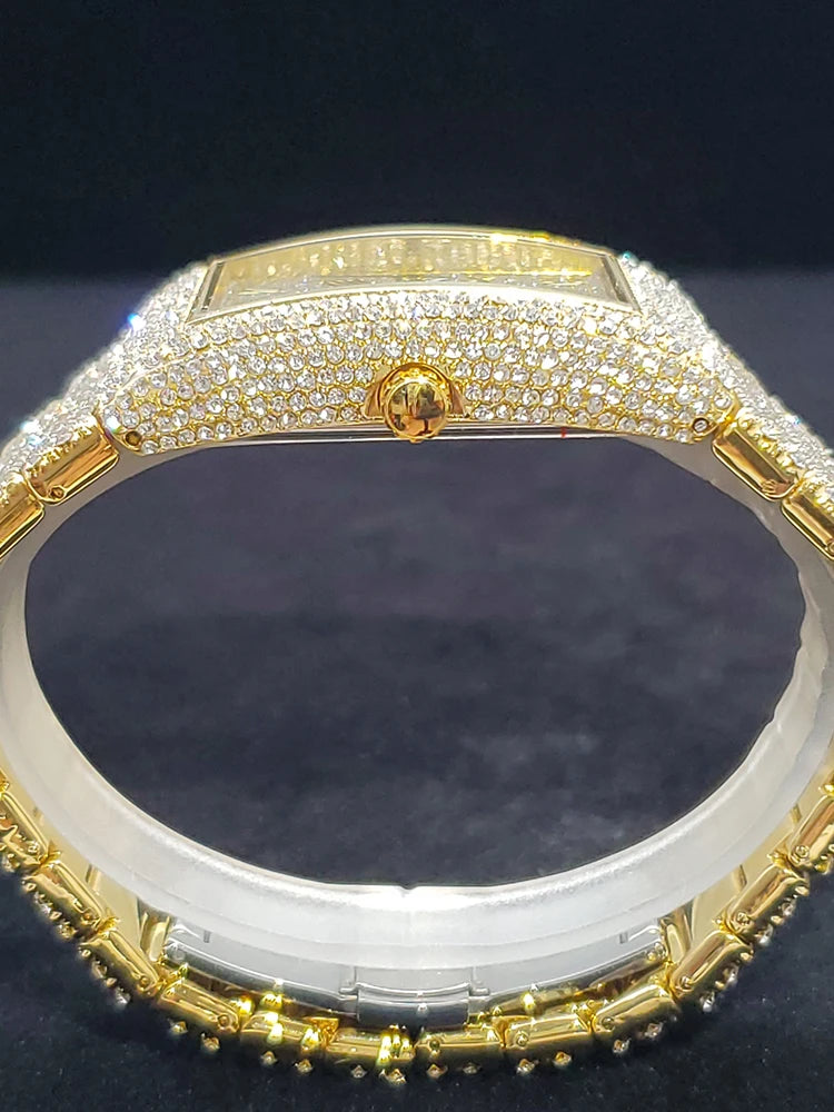 Gold Men's Watches Rectangle Dial Luxury Diamond Fashion Big Wristwatches Luminous Point Iced Quartz Watch For Men - DripVault